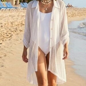 Cover Me Swim White Sheer Knit Beach Cover Up Button Down Cardigan Oversized L